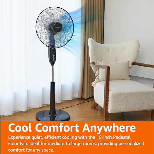 16" Pedestal Fan with Remote, Floor Fan, with 3 Speeds