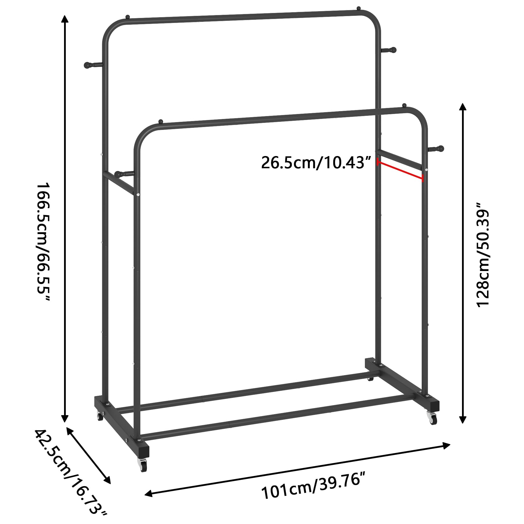 Double Rod Garment Rack with Wheels, Clothing Rack for Hanging Clothes, Black