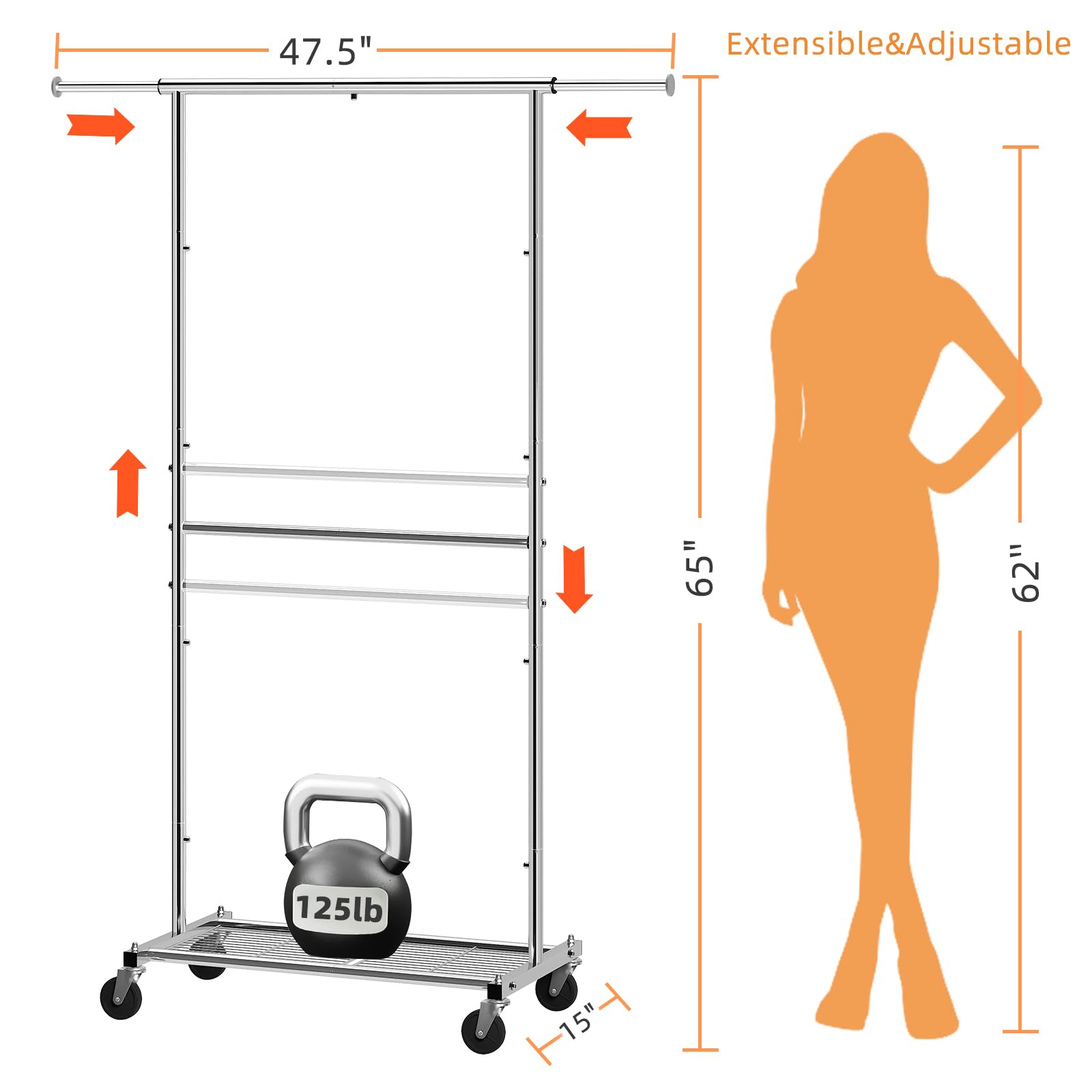 Clothing Garment Rack, Rolling Clothes Organizer with Wheels and Bottom Shelves
