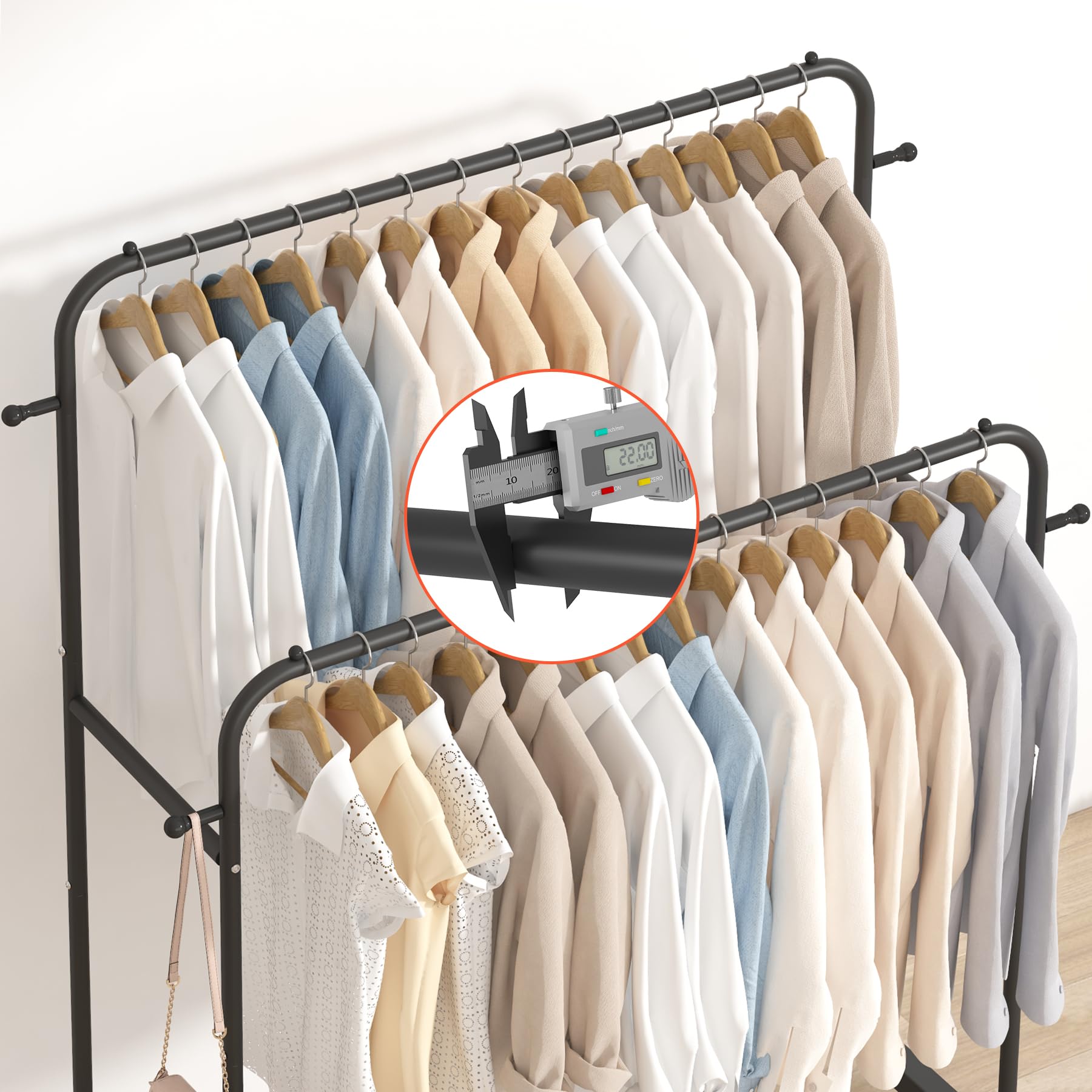 Double Rod Garment Rack with Wheels, Clothing Rack for Hanging Clothes, Black