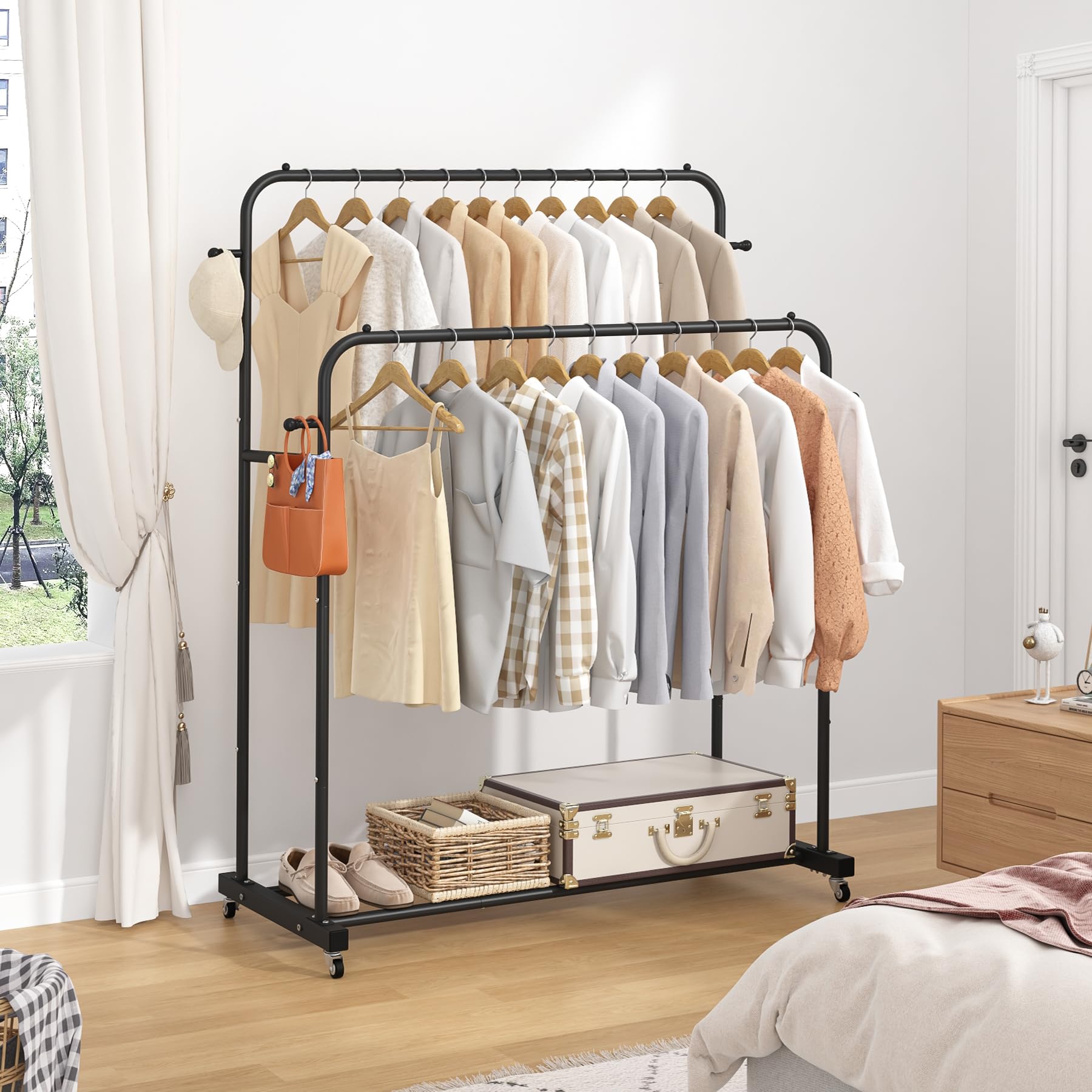 Double Rod Garment Rack with Wheels, Clothing Rack for Hanging Clothes, Black