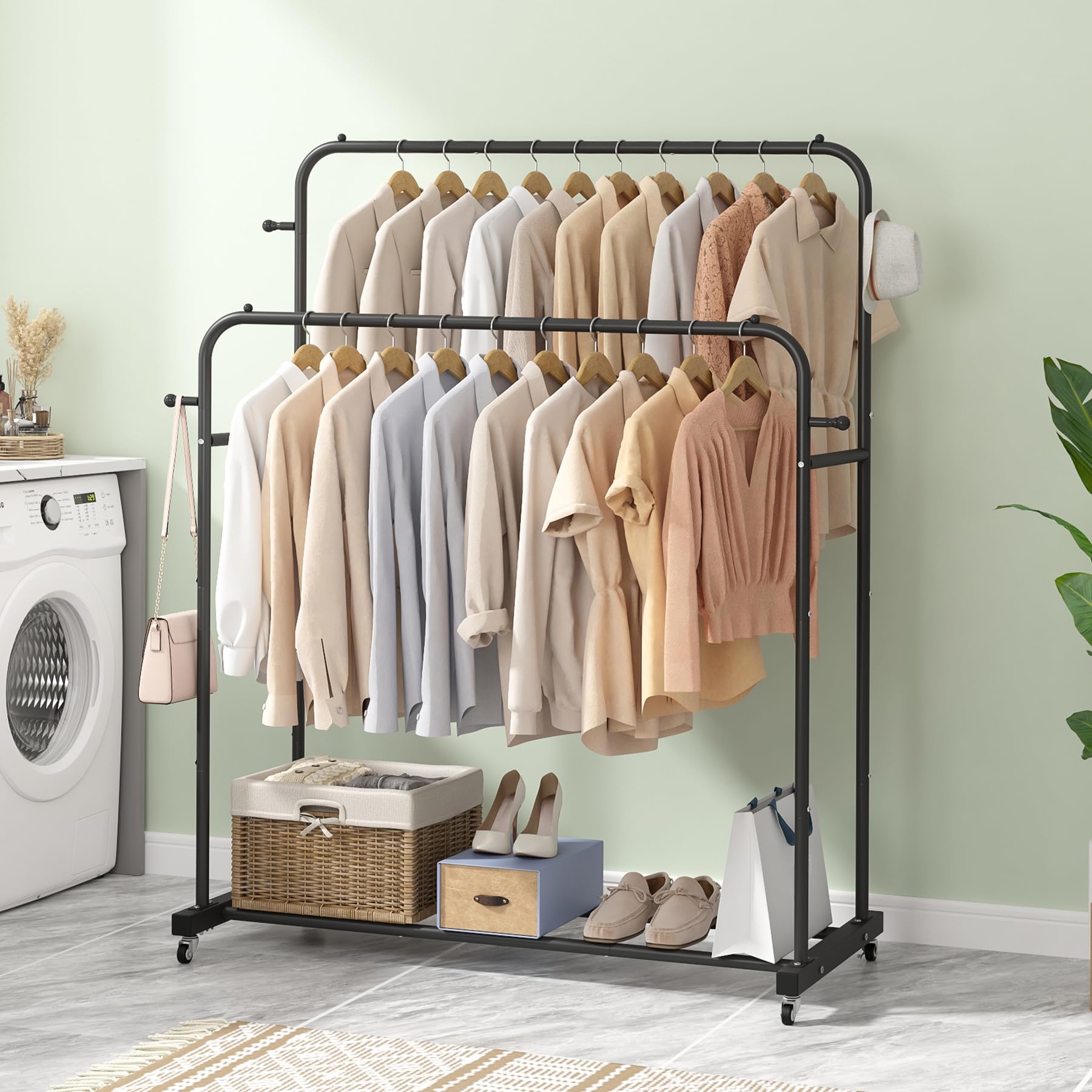 Double Rod Garment Rack with Wheels, Clothing Rack for Hanging Clothes, Black