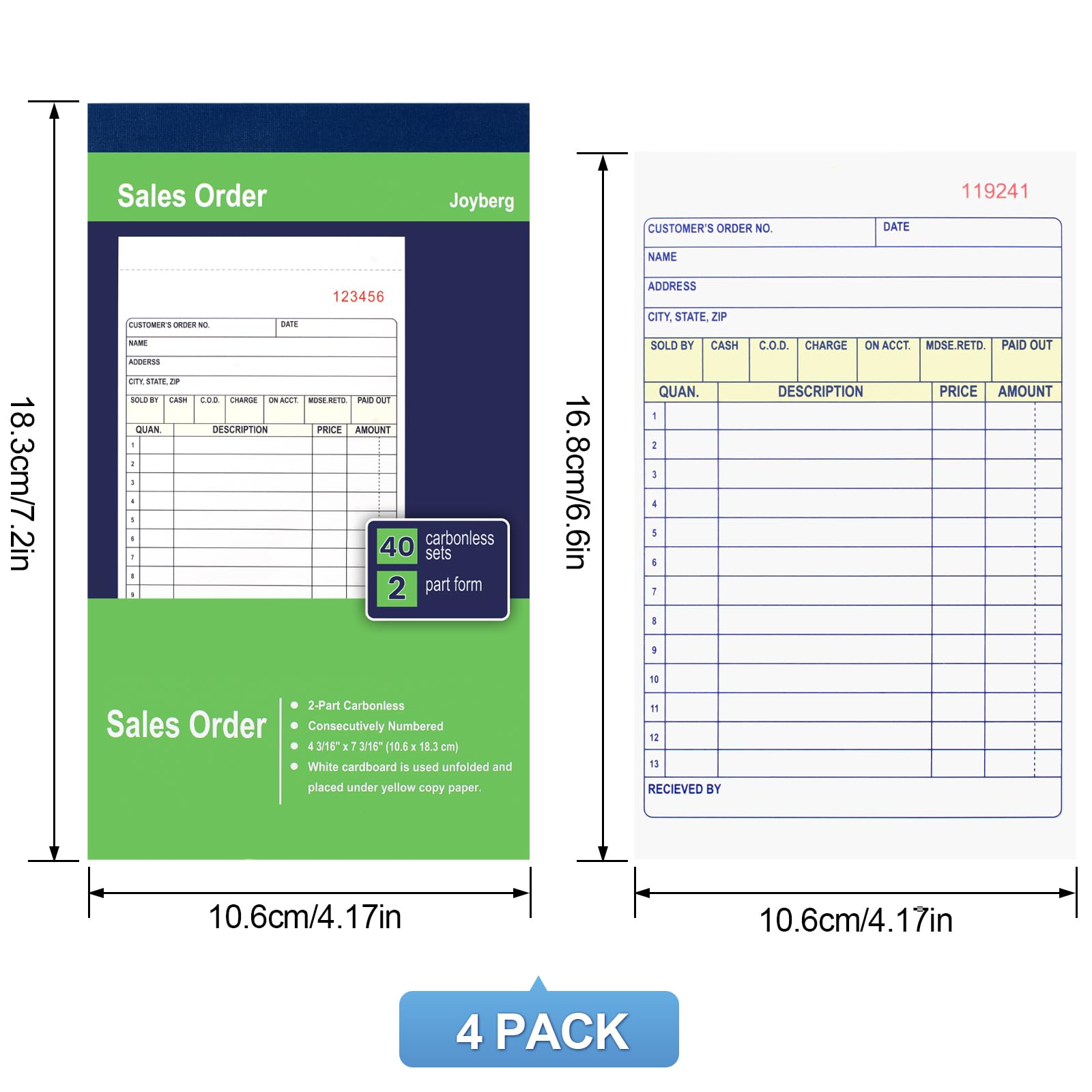 4-Pack Receipt Book, 4.17in x 7.2in Receipt Book with Carbon Copies