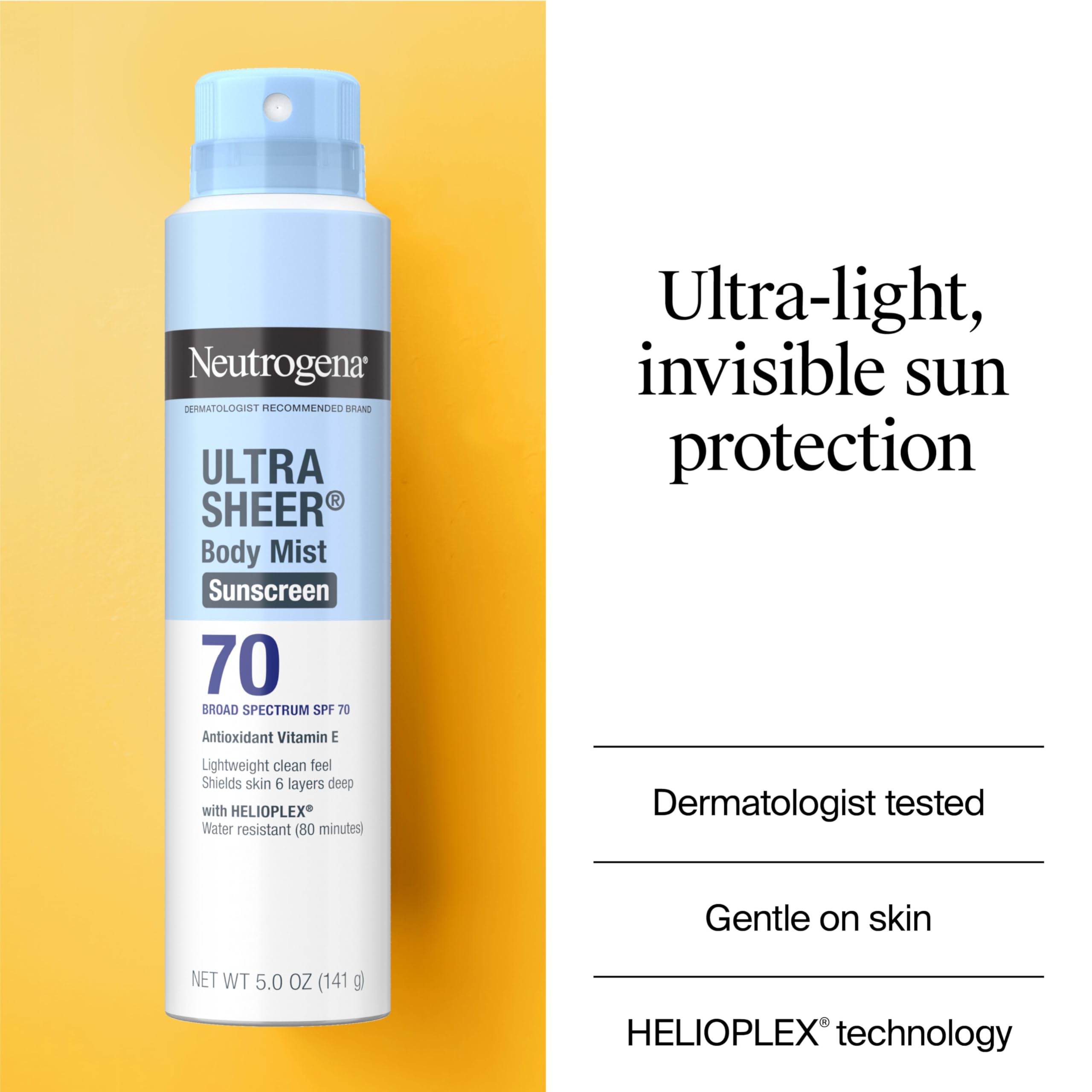 Ultra Sheer Body Mist Sunscreen Spray, Broad Spectrum SPF 70, Non-Greasy & Water Resistant