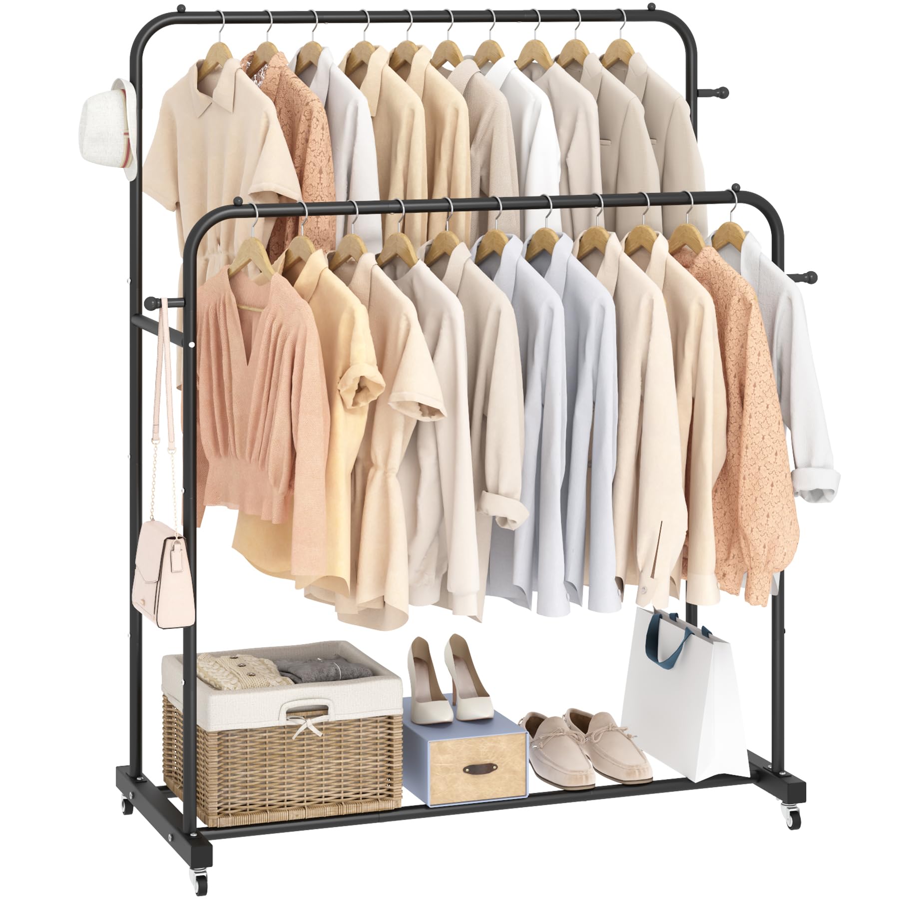 Double Rod Garment Rack with Wheels, Clothing Rack for Hanging Clothes, Black