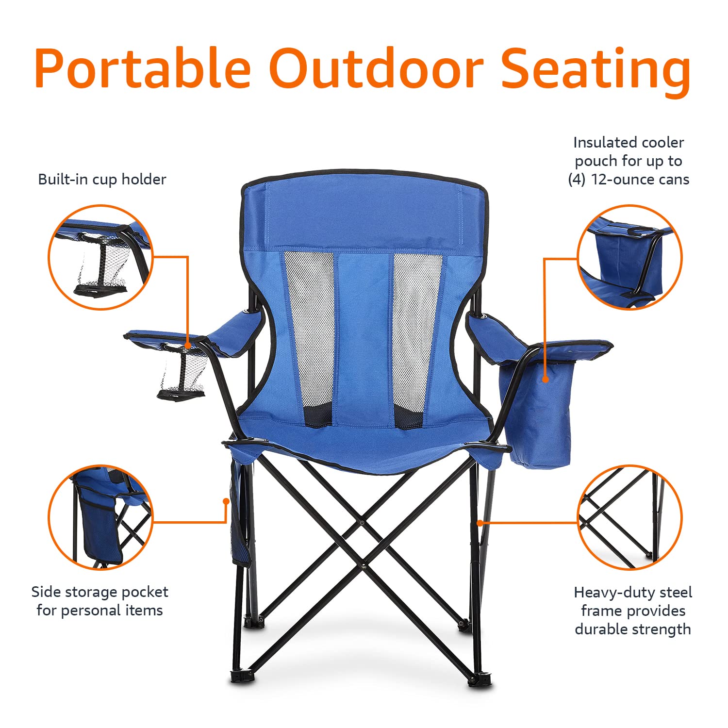 Portable Camping Chair with 4-Can Cooler, Side Pocket, Cup Holder, and Carry Bag
