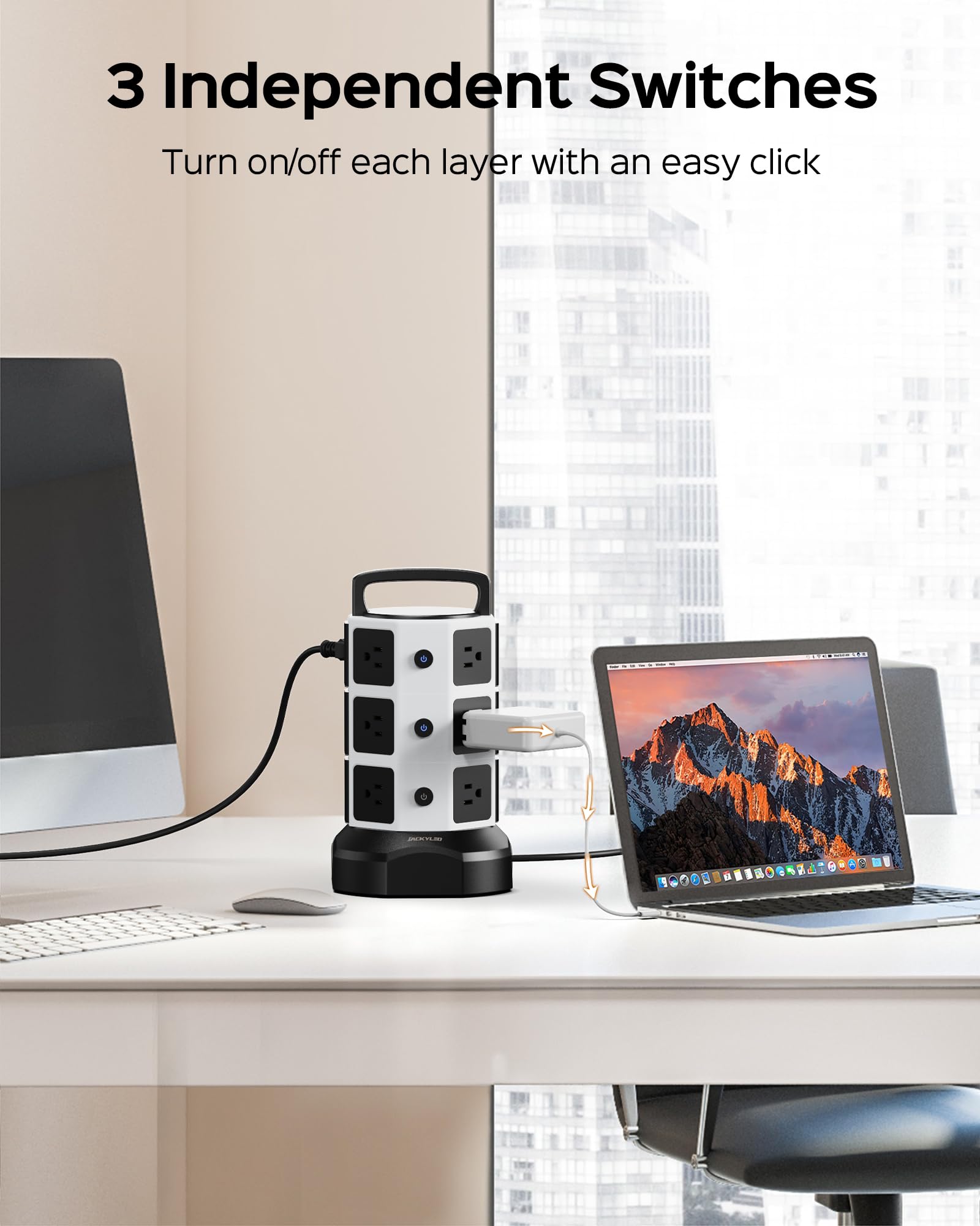 Power Strip Tower Surge Protector, JACKYLED 12 Outlets 6 USB (2 USB C) Charging Station, Extension Cord with Multiple Outlets, 1050J 1625W/13A Outlet Extender 6.5ft Extension Cord for Home Office