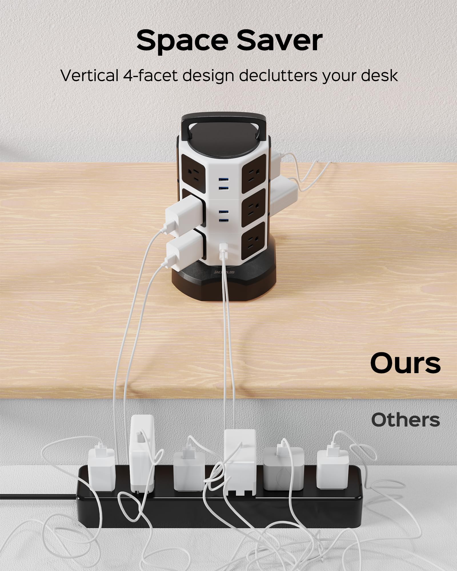 Power Strip Tower Surge Protector, JACKYLED 12 Outlets 6 USB (2 USB C) Charging Station, Extension Cord with Multiple Outlets, 1050J 1625W/13A Outlet Extender 6.5ft Extension Cord for Home Office