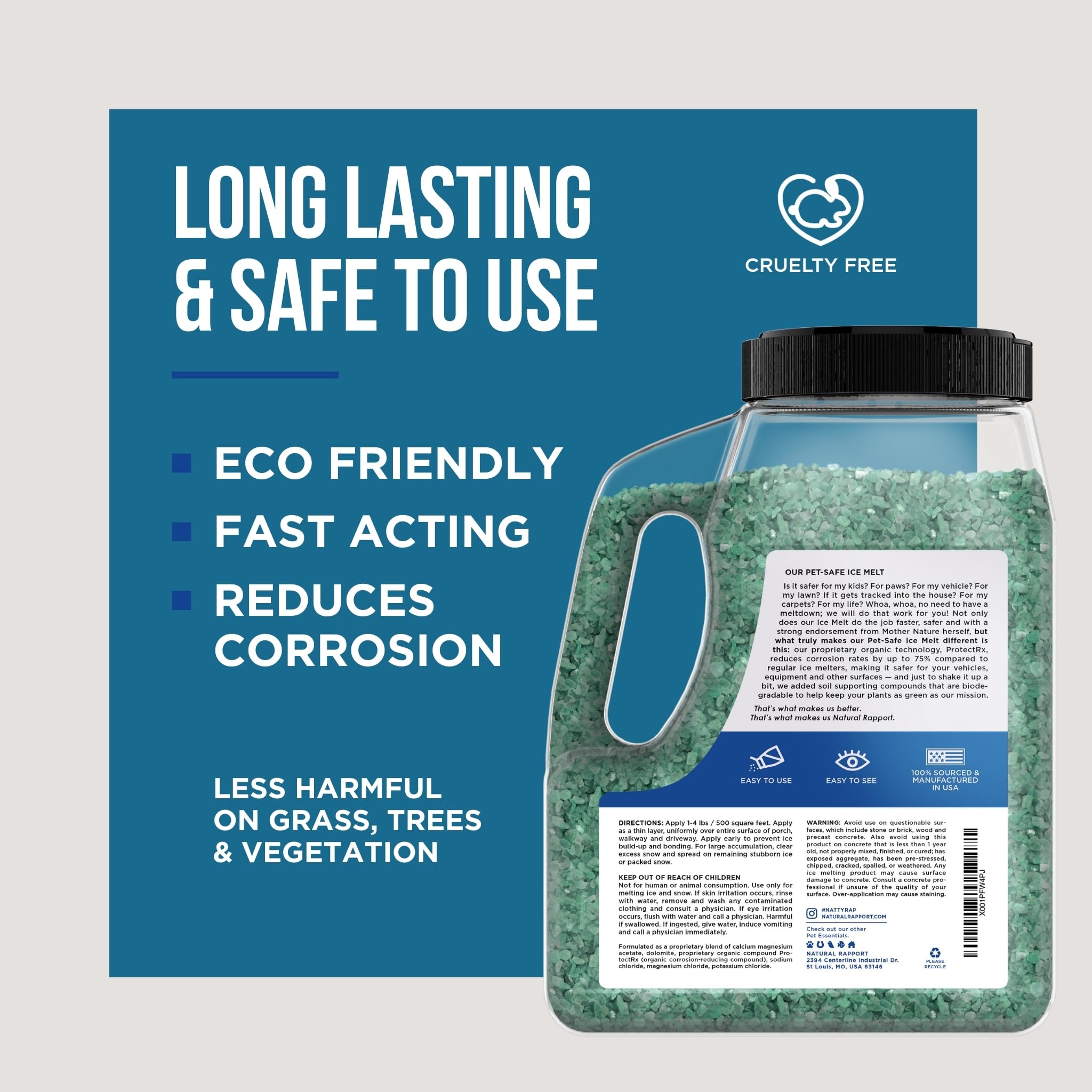 Natural Rapport Pet Friendly Ice Melt - Calcium Chloride Free, Pet Safe Ice Melter, Rock Salt Alternative