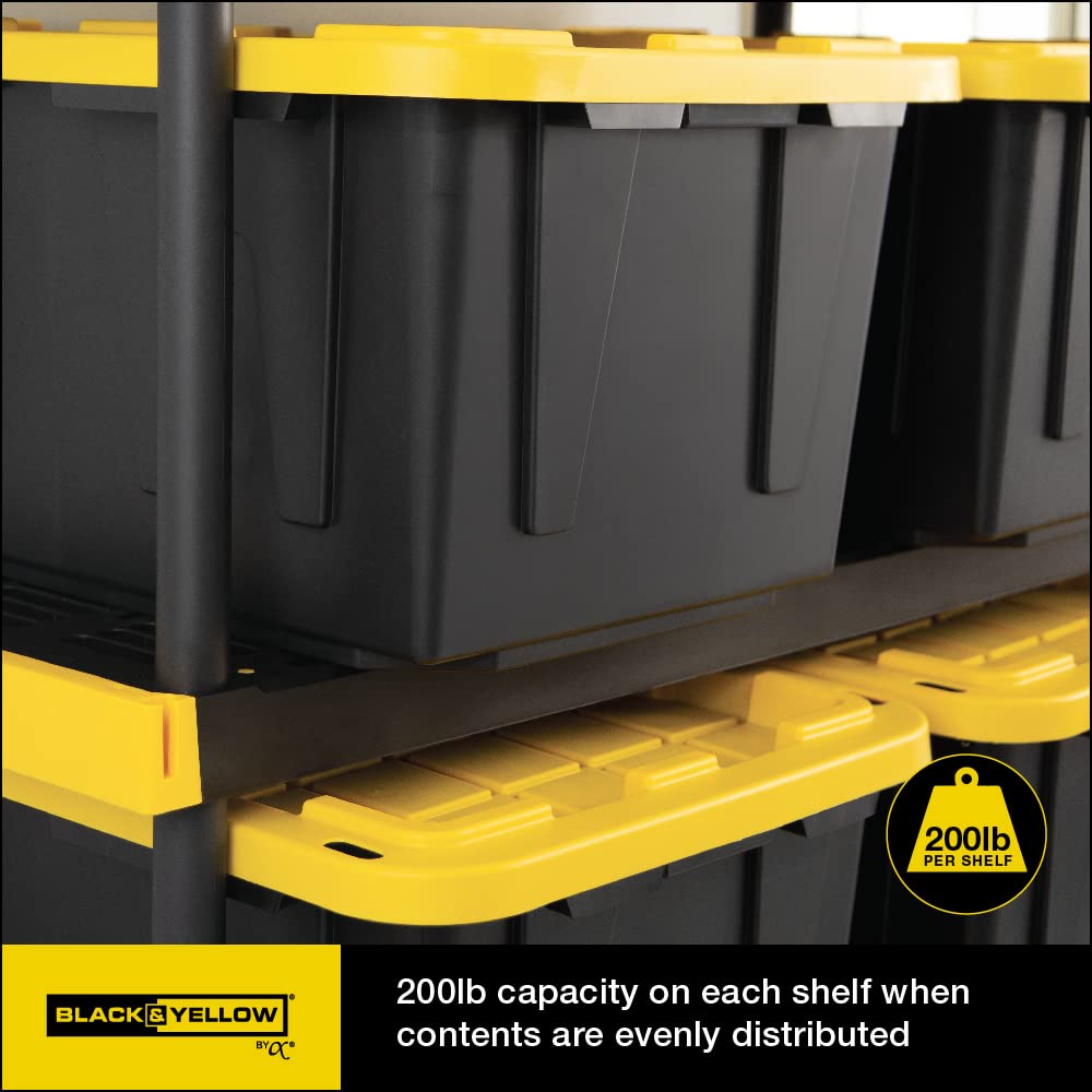 CX Black & Yellow®, Shelving Unit and Heavy Duty Storage Containers, Extremely Durable® (Shelf + 27 Gallon Container (8-Pack)