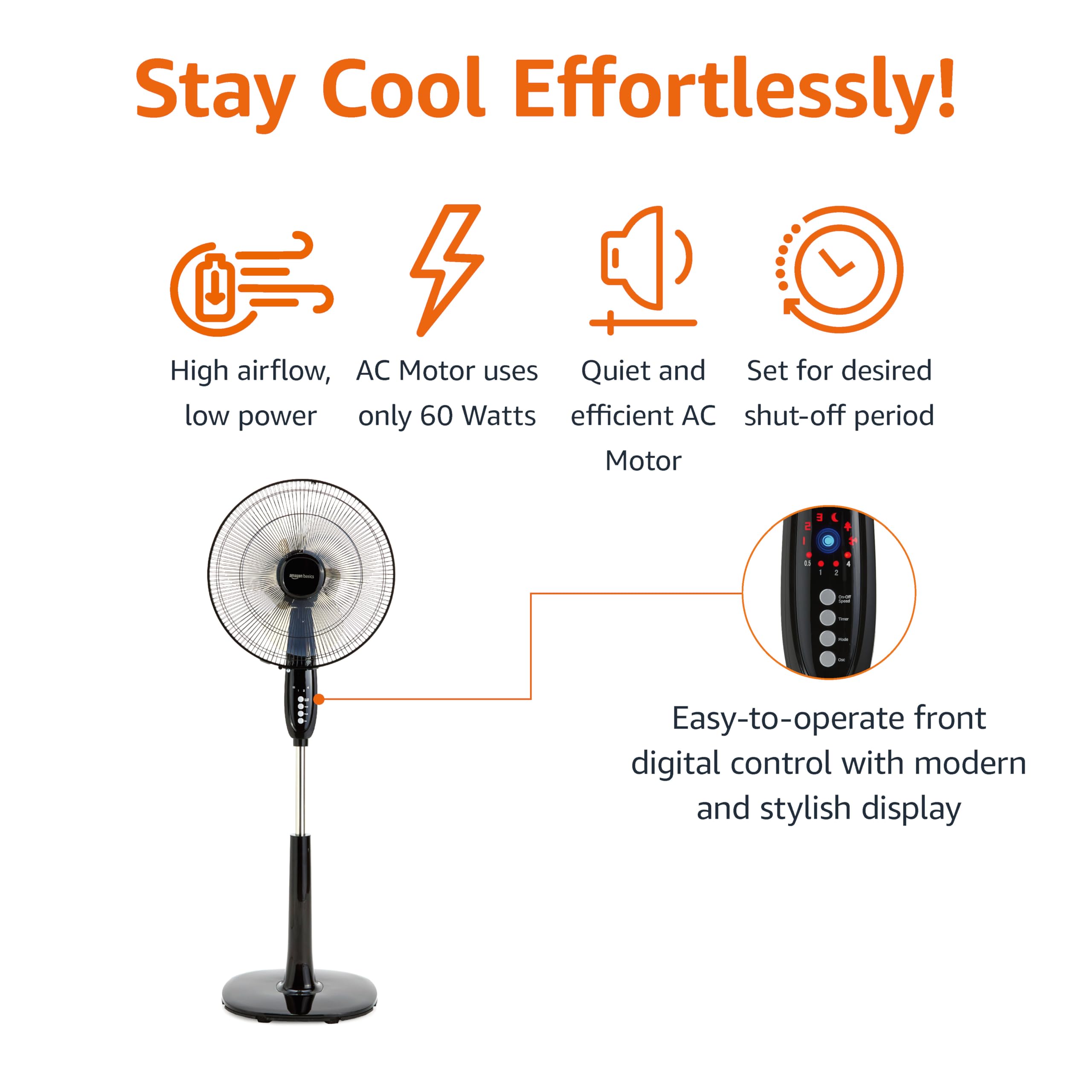 Amazon Basics 16" Pedestal Fan with Remote, Floor Fan, Standing Fan for Bedroom, Living Room, Office, with 3 Speeds, 3 Modes, Timer, Dual-Layered Blades, Adjustable Height, Tilt Head, 60W, Black