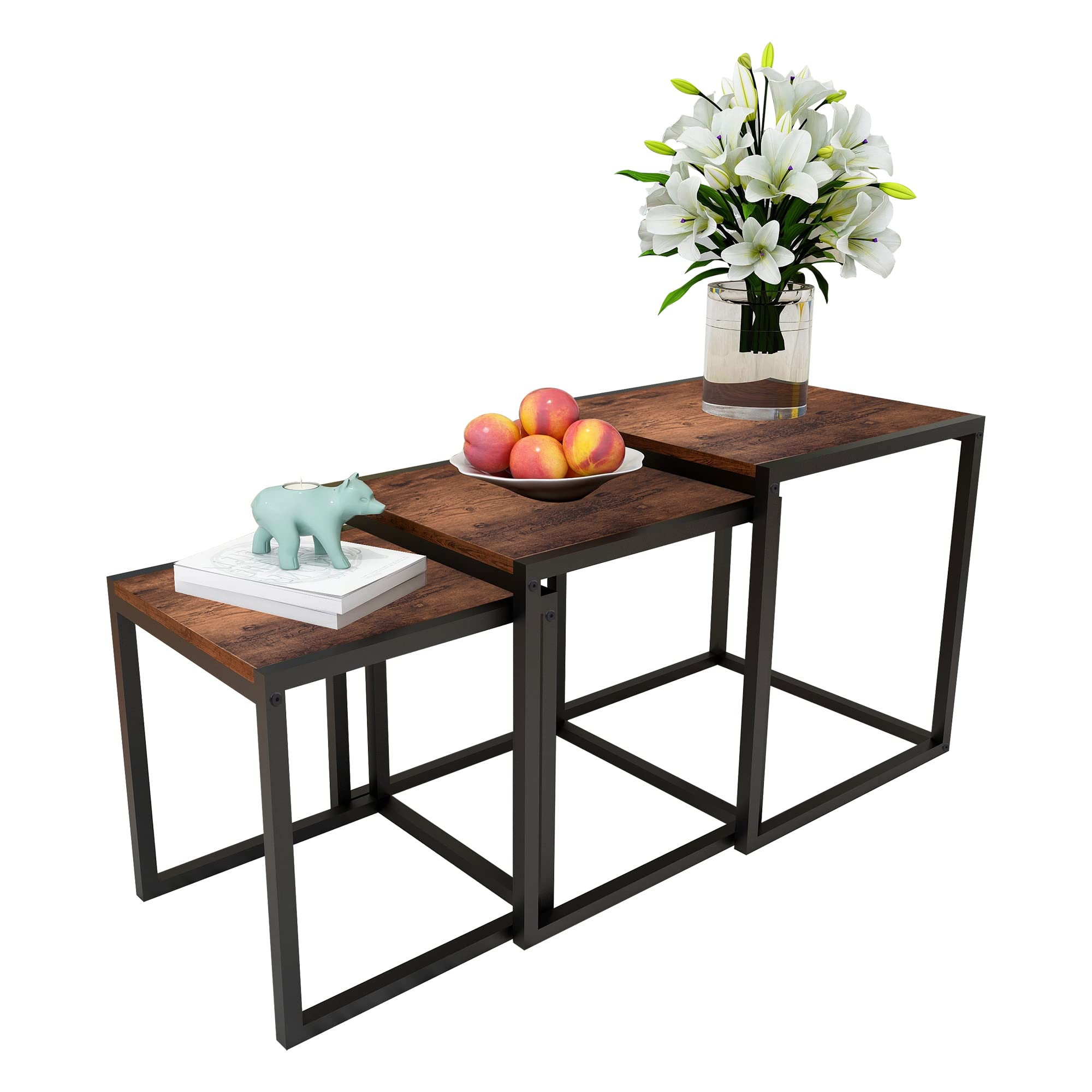 HAHRIR Nesting Table Set of 3 Side Tables, Modern Coffee Table Stacking End Table with Metal Frame，Brown