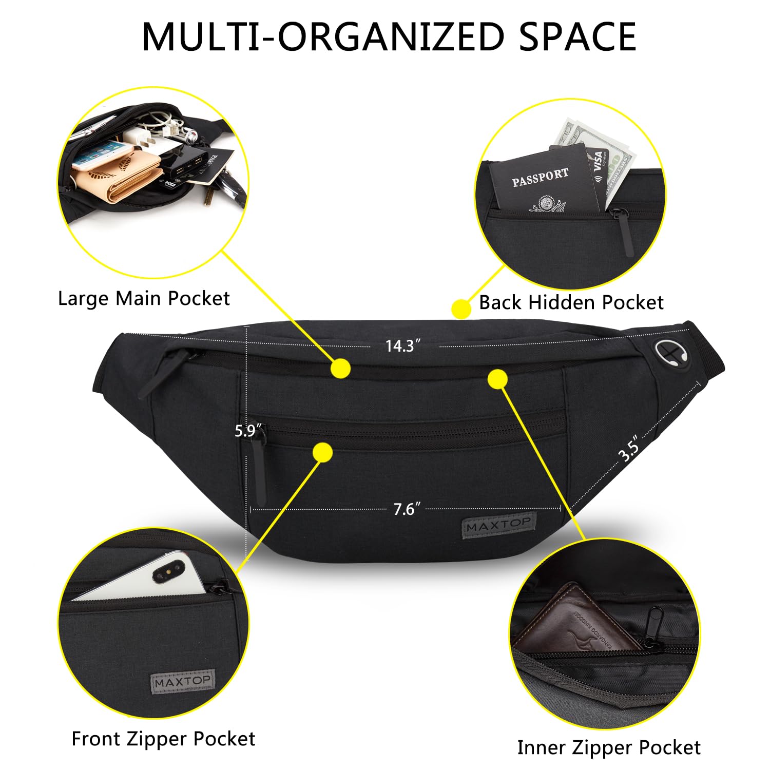 Large Crossbody Fanny Pack with 4-Zipper Pockets, Ideal for Carrying Cash at Garage Sale