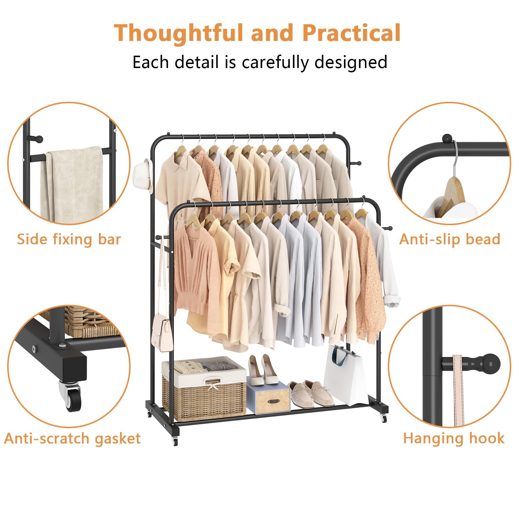 Laiensia Double Rods Garment Rack with Wheels, Clothing Rack for Hanging Clothes,4 Hooks, Multi-functional Bedroom Clothes Rack, Black