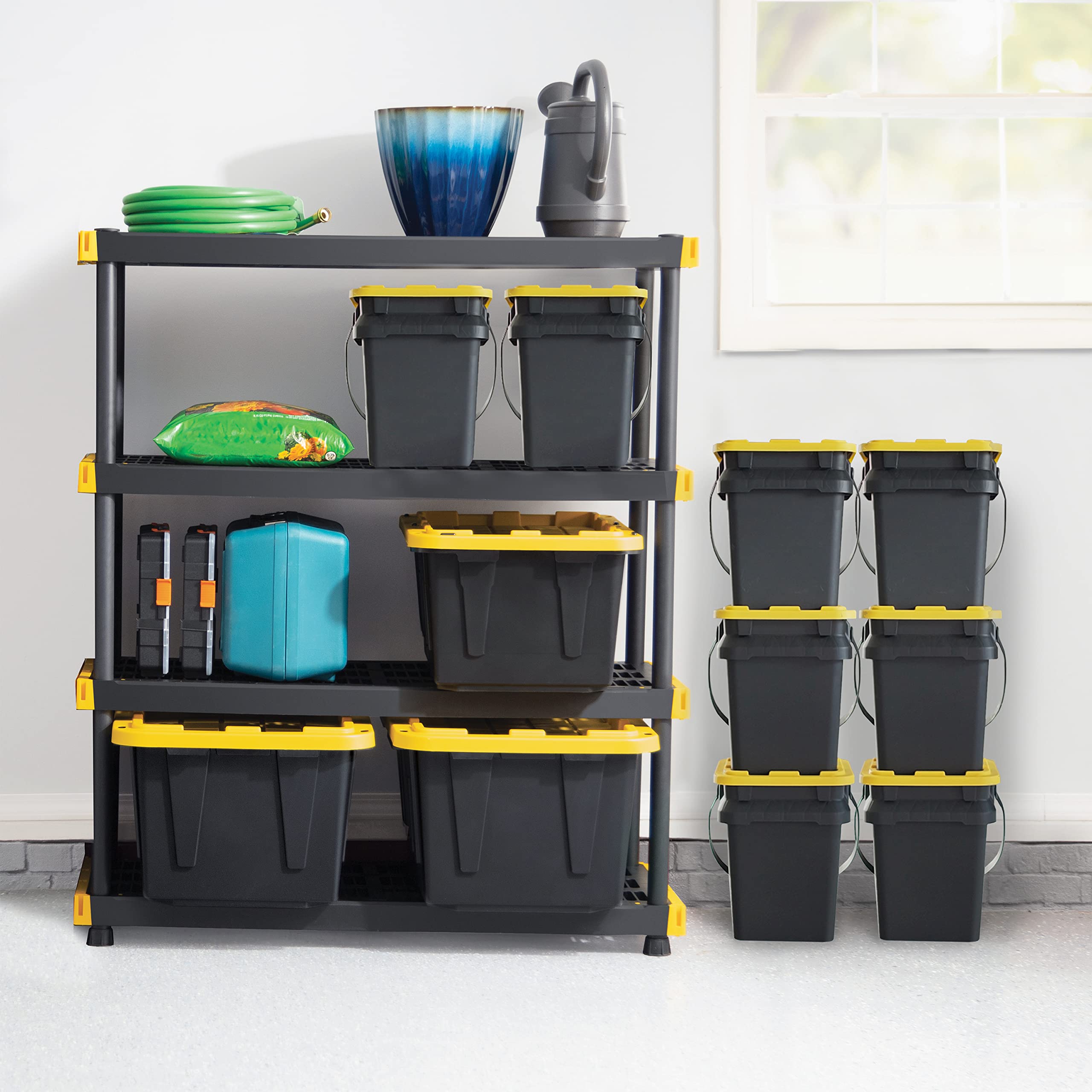 CX Black & Yellow®, Shelving Unit and Heavy Duty Storage Containers, Extremely Durable® (Shelf + 27 Gallon Container (8-Pack)