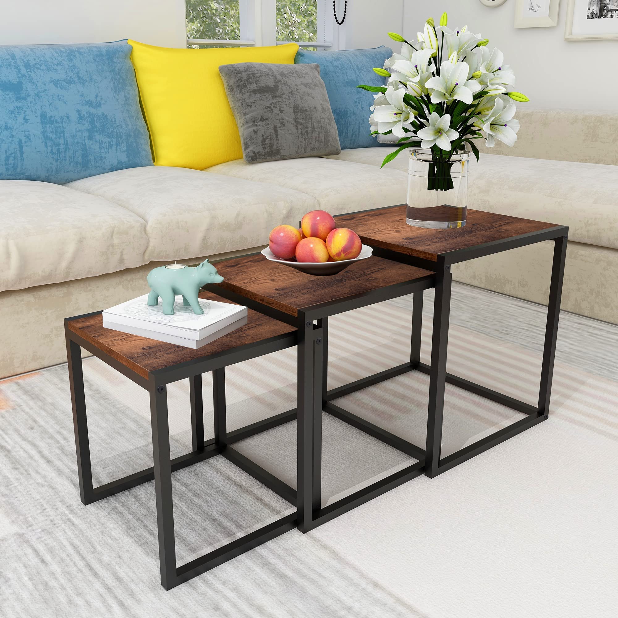 HAHRIR Nesting Table Set of 3 Side Tables, Modern Coffee Table Stacking End Table with Metal Frame，Brown