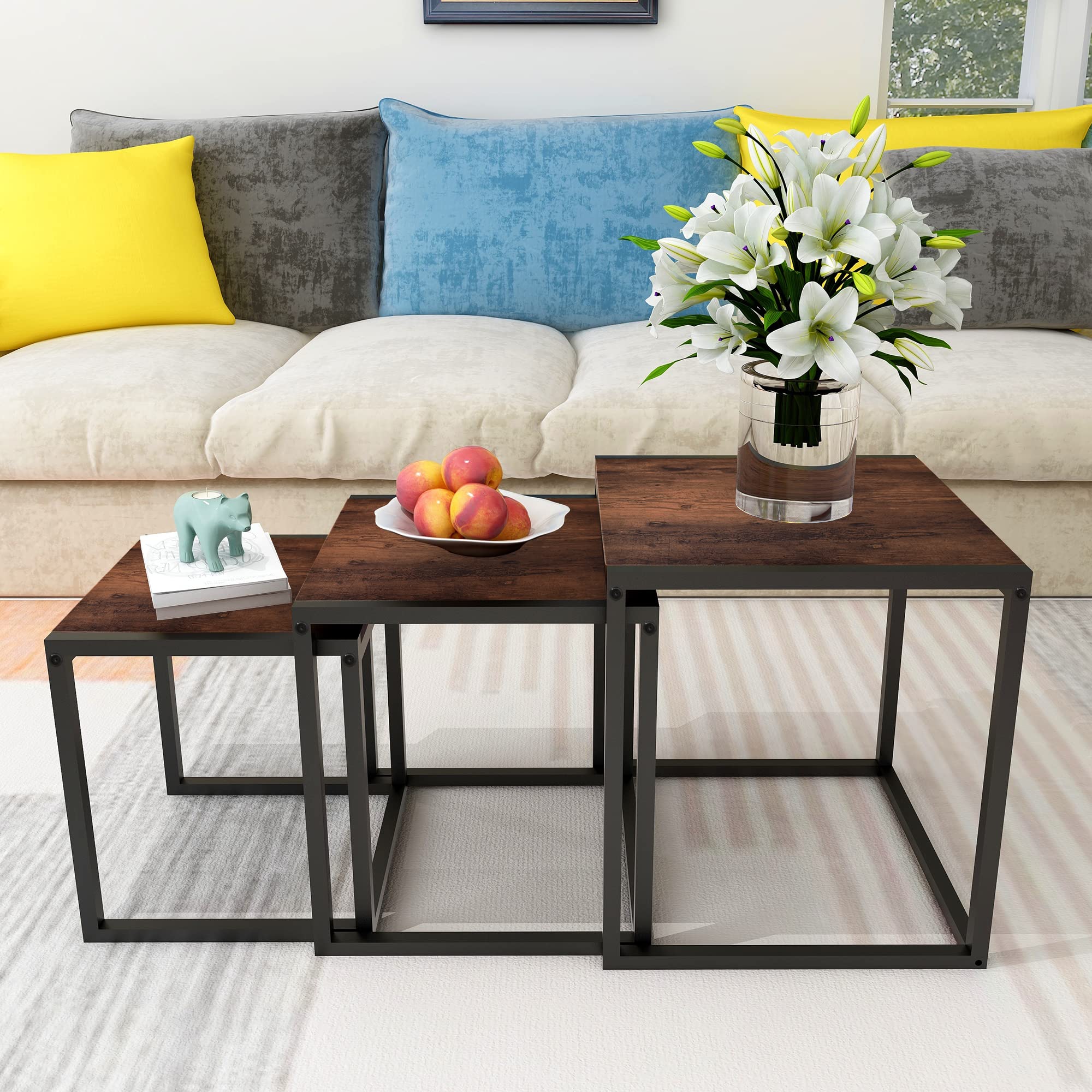 HAHRIR Nesting Table Set of 3 Side Tables, Modern Coffee Table Stacking End Table with Metal Frame，Brown