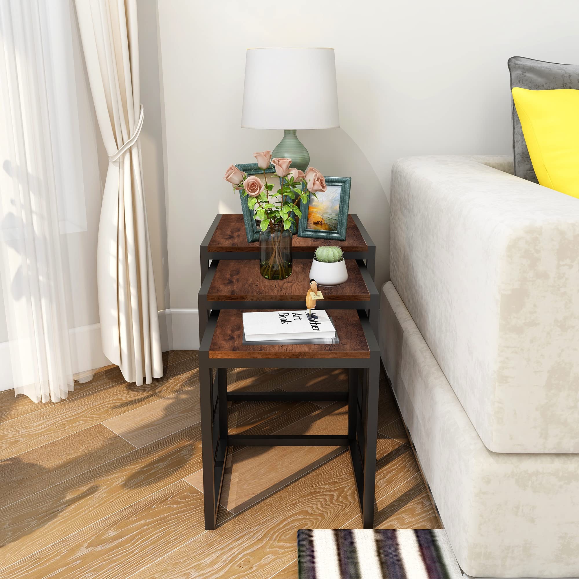 HAHRIR Nesting Table Set of 3 Side Tables, Modern Coffee Table Stacking End Table with Metal Frame，Brown